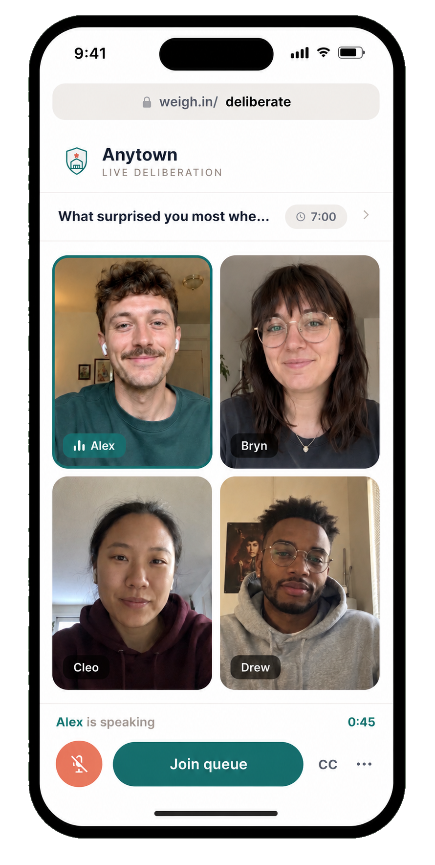 Immersive Deliberation — a small group discusses the budget choices they made on a live video call
