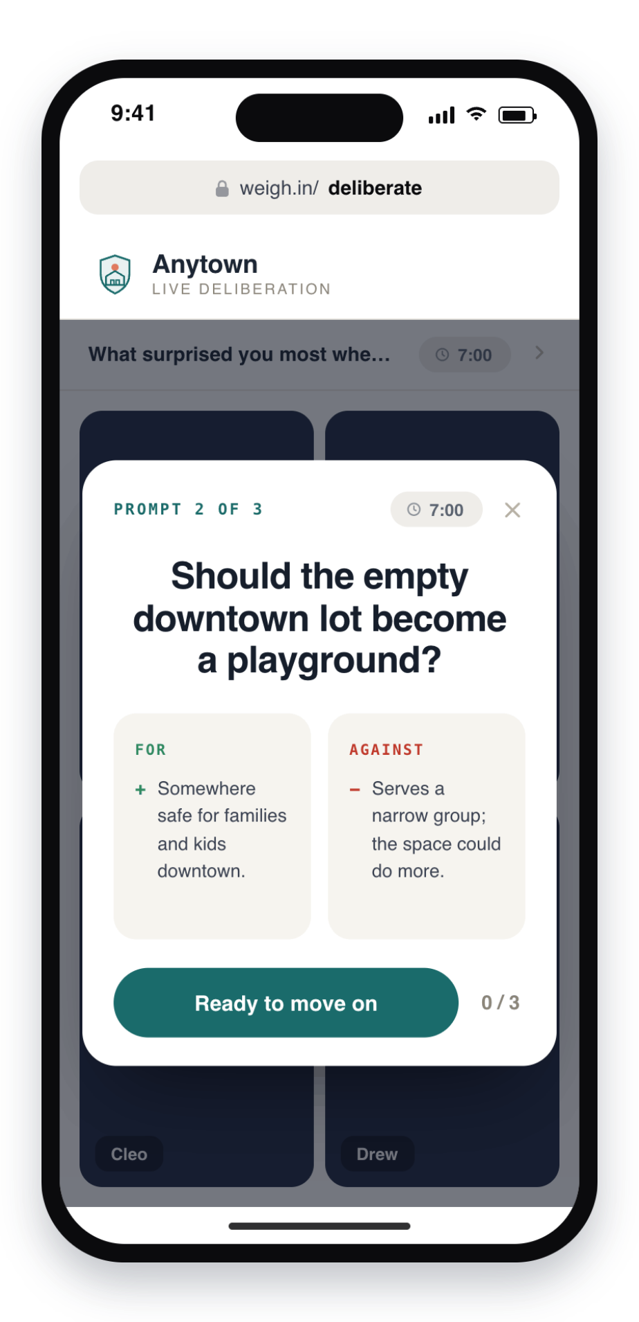 A deliberation prompt — should the empty downtown lot become a playground, with arguments for and against