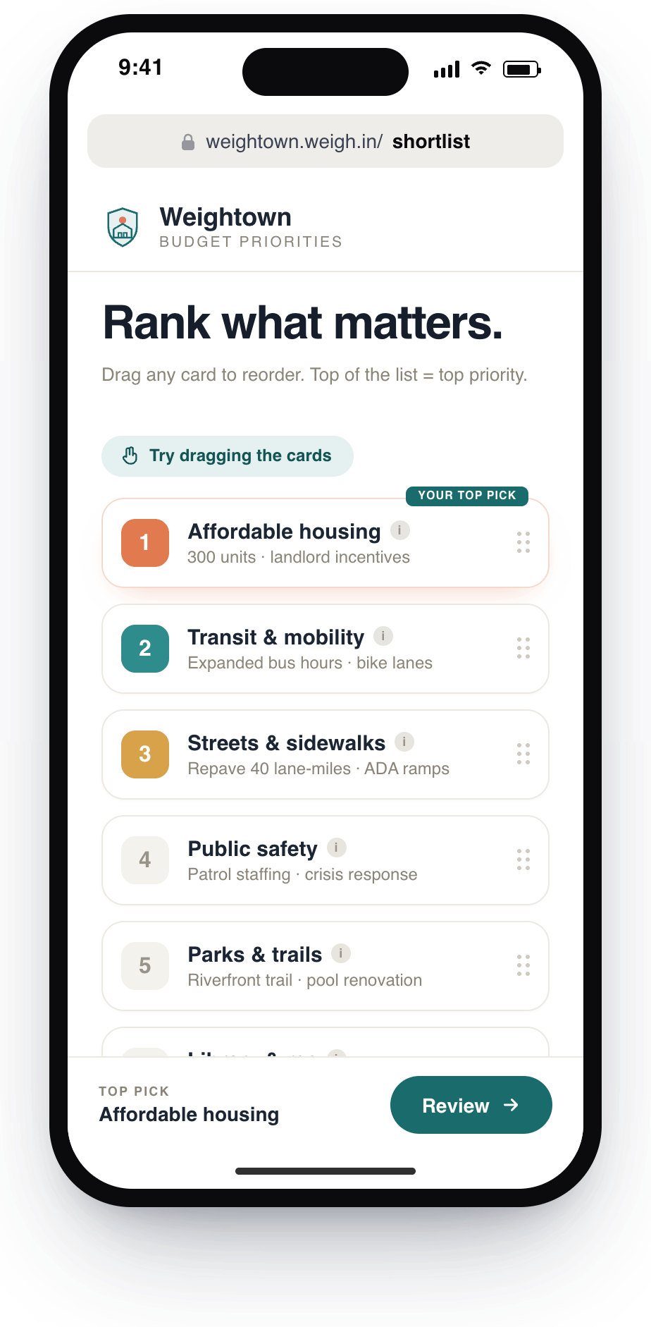 Shortlist — ranking Weightown's budget priorities by dragging the cards